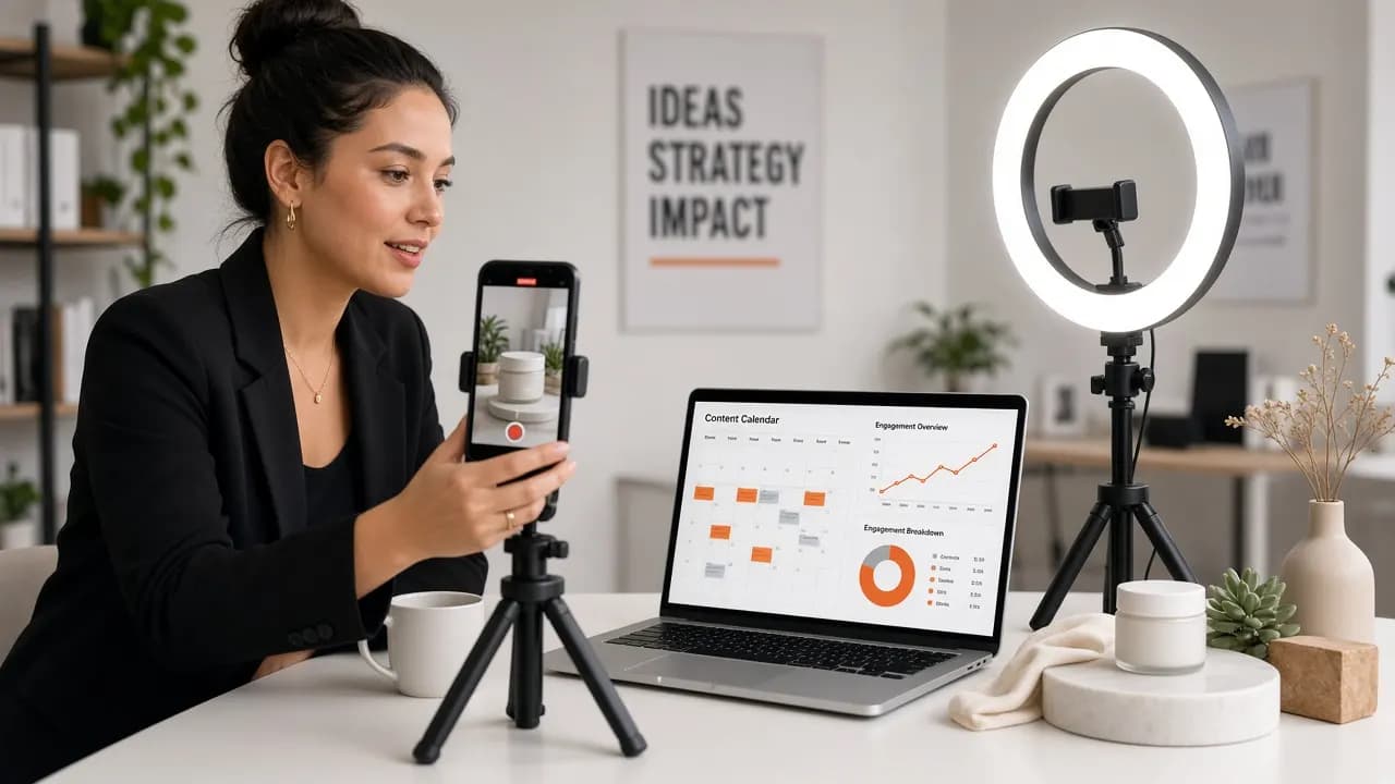 Marketer filming social content with a campaign calendar on laptop